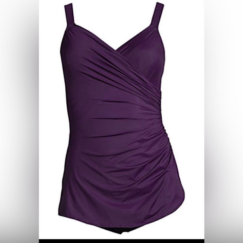 Land’s End Plus Standard Size Slender Vneck skirted onepiece Blackberry Various - Picture 8 of 9